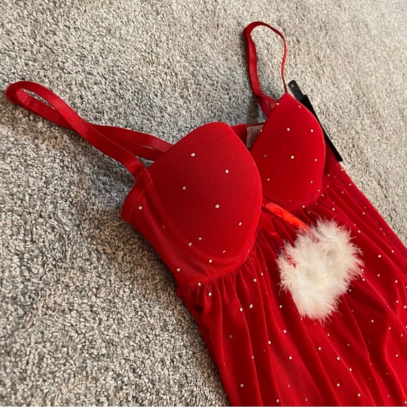 New Spree Size M Santa Red Sheer Babydoll Lingerie & G-String W/ Sequins - Picture 3 of 10